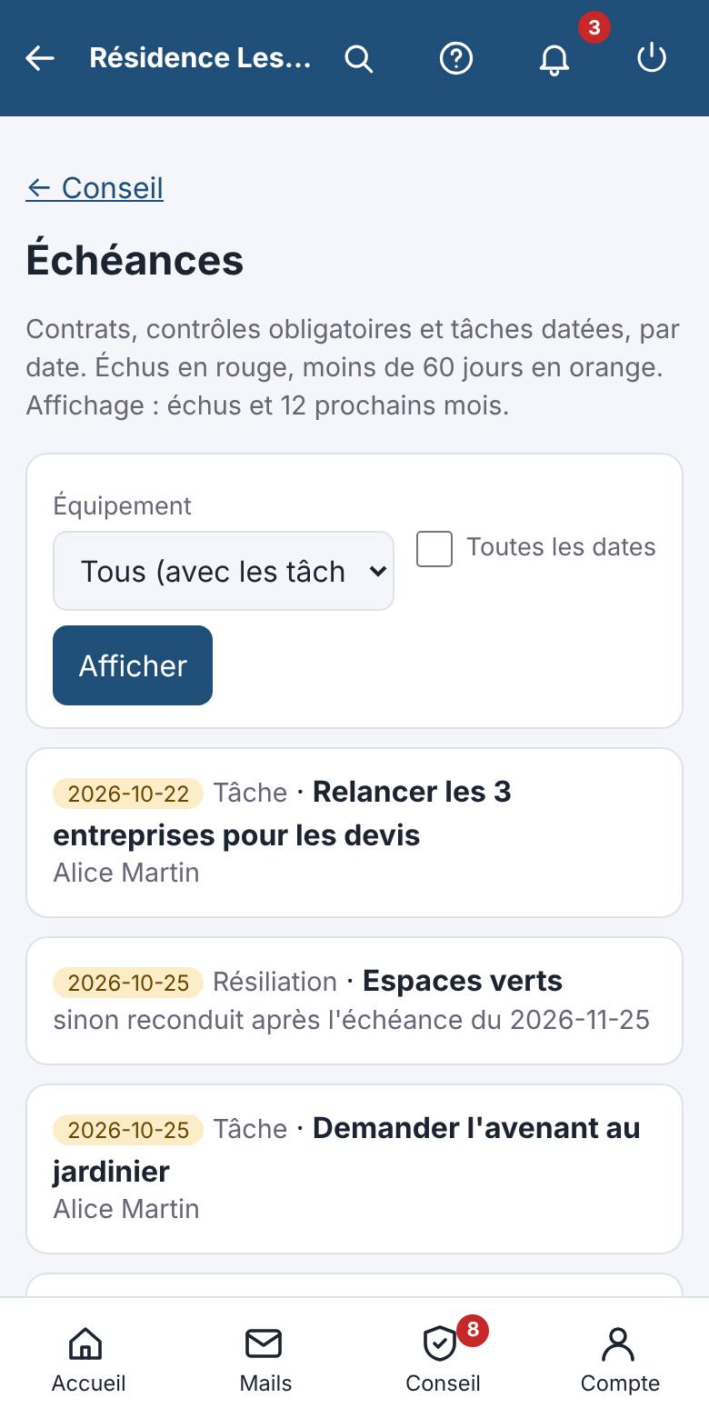 Les dates limites de résiliation y figurent, en orange quand elles approchent.