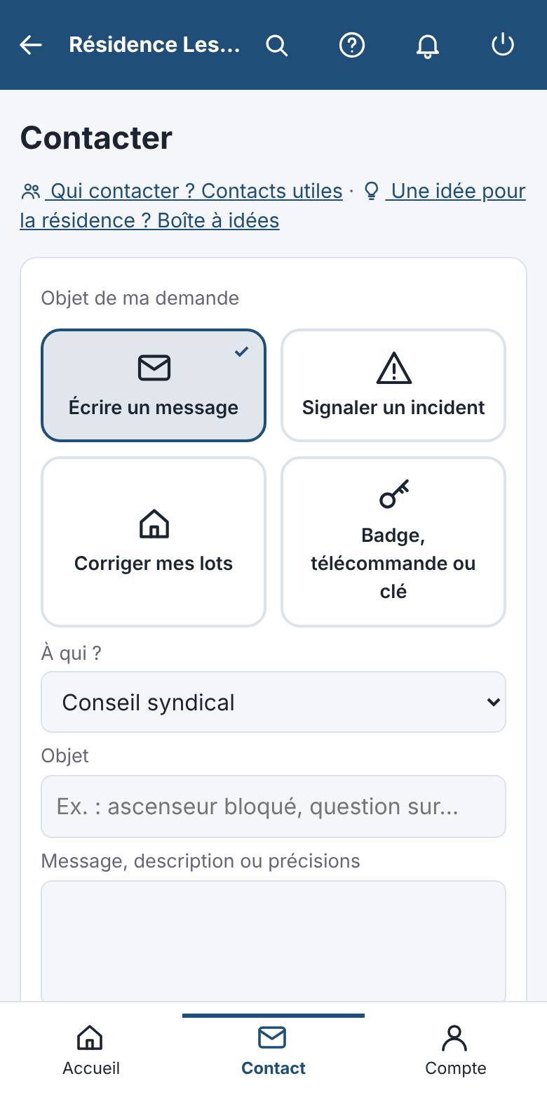 « Contacter » : un message, un incident, un badge…
