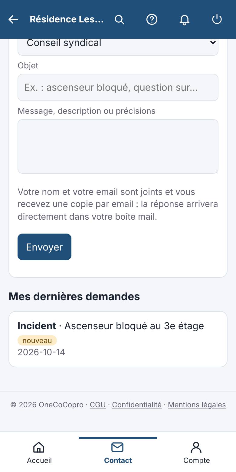 La demande est enregistrée et son état reste visible.