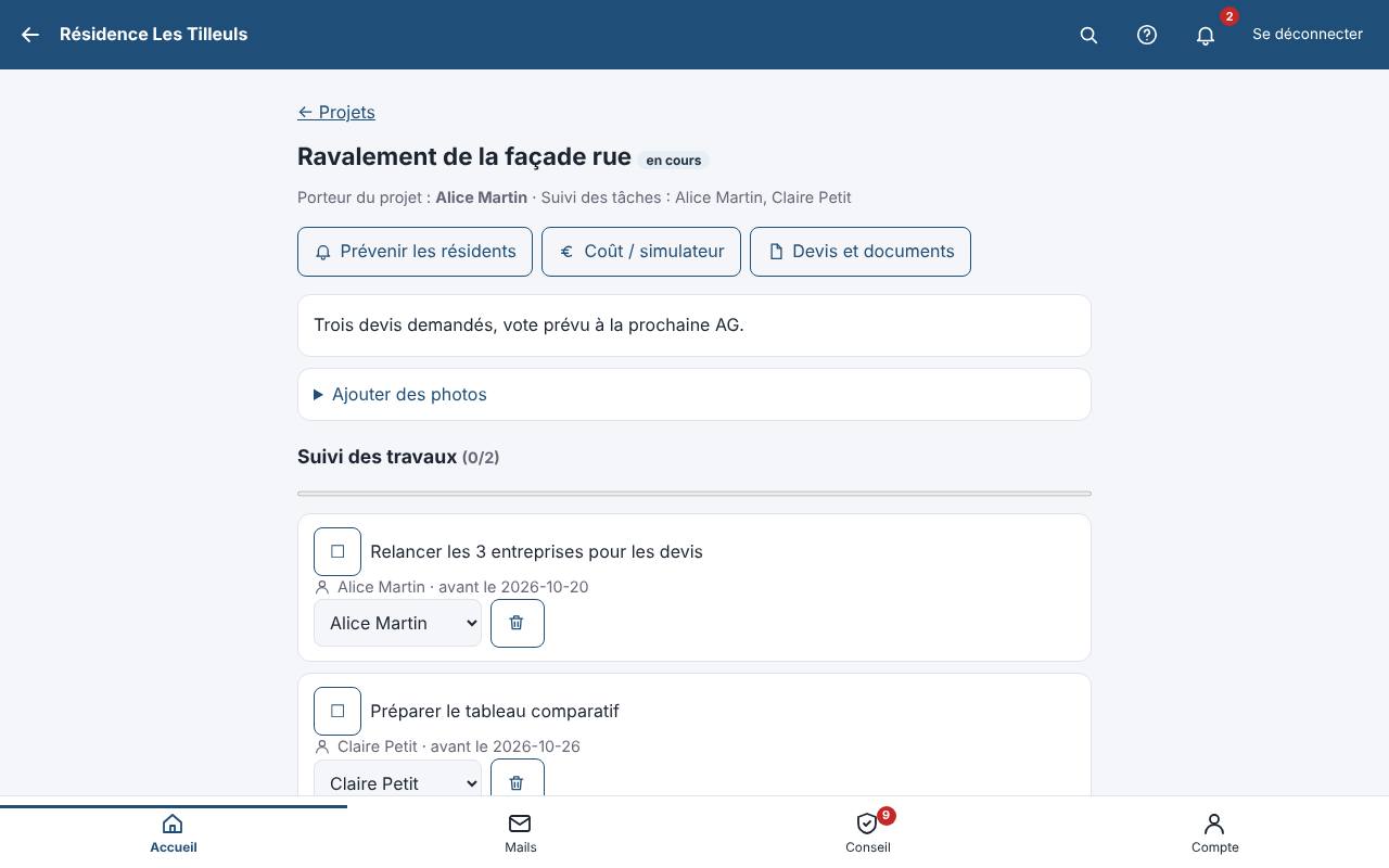 Un projet : description, tâches, devis, documents et mails liés.