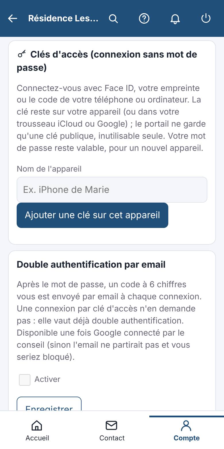 Ajouter une clé d'accès : Face ID ou empreinte, sans mot de passe.