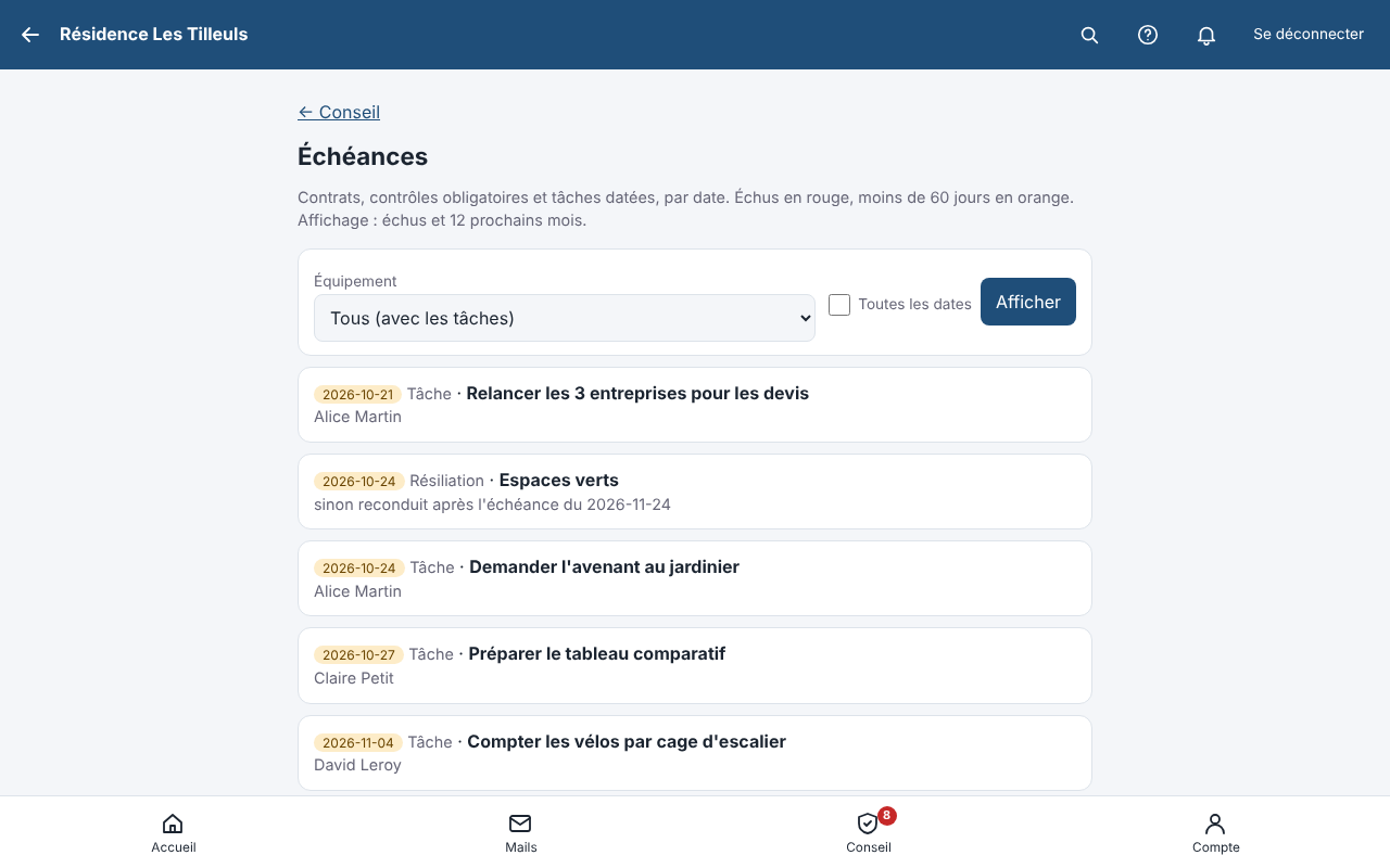 Échéances du conseil