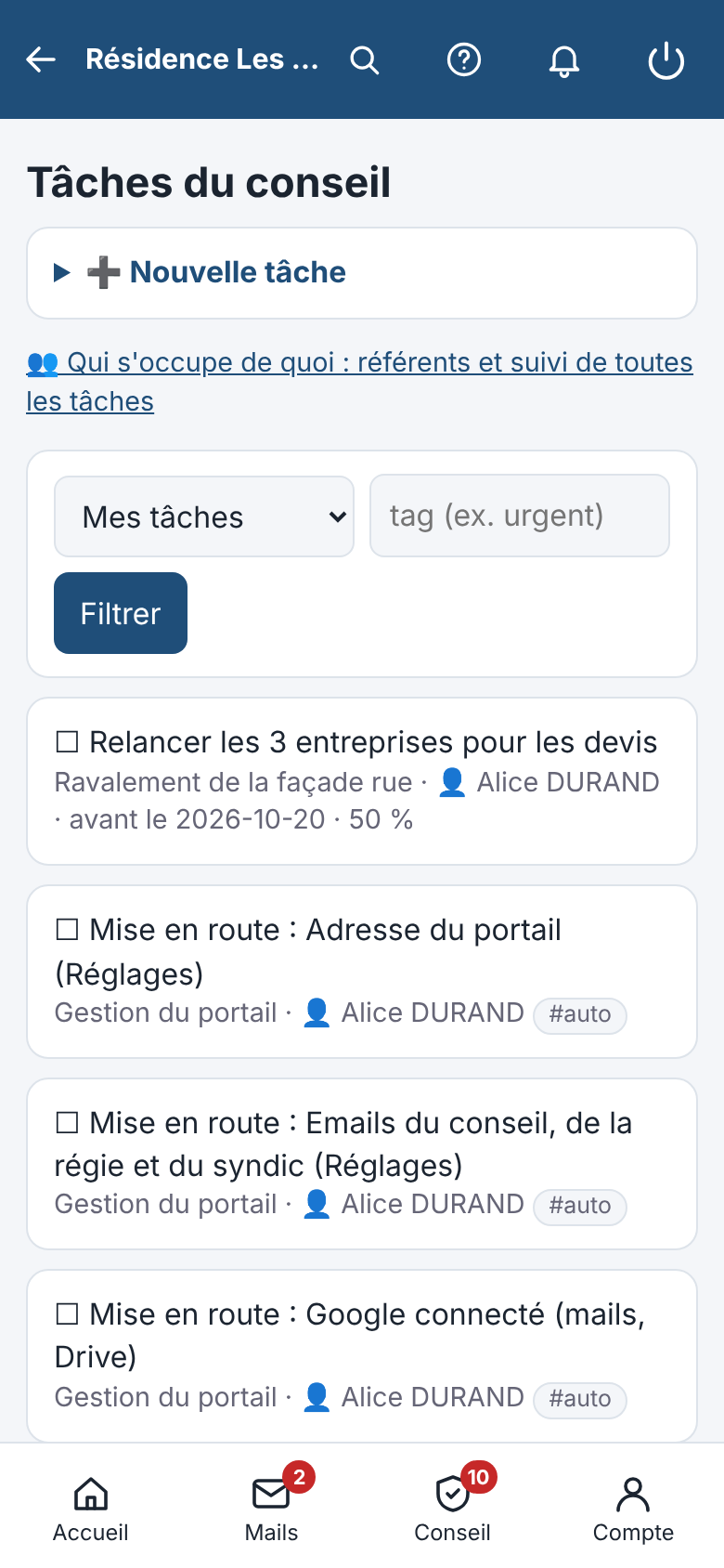 Tâches du conseil